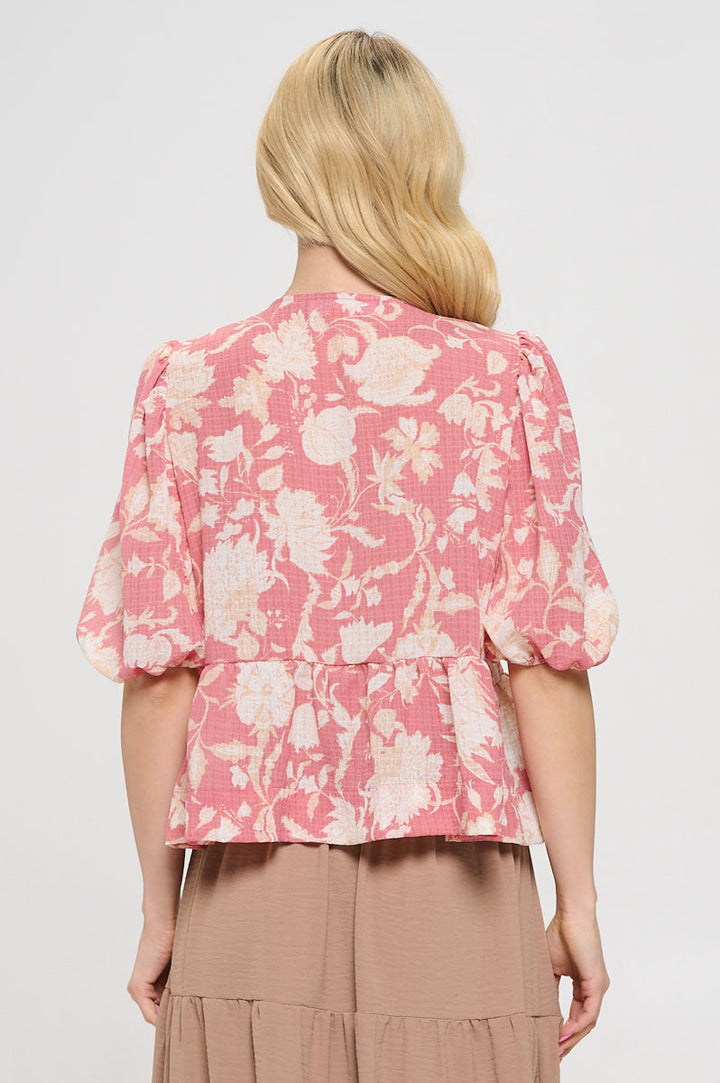 Floral Print Open Front Tie Detail with Puff Sleeve-3