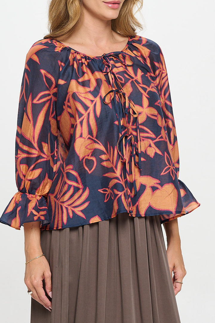 Print Round neck Top with Front Tie Detail-2
