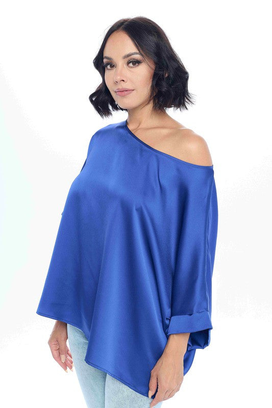 Stretch Satin Solid Round neck Oversize Top-0