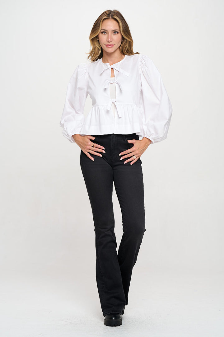 Cotton Solid Long Puff Sleeve Top with Open Front Tie Detail-5