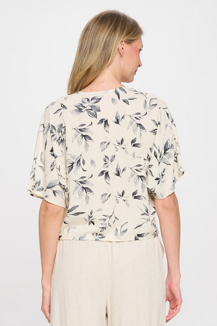 Linen Floral Print V neck Top with Front Tie-3