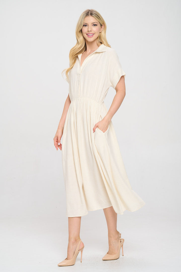 Linen Solid Collared V neck Dress with Pockets-3