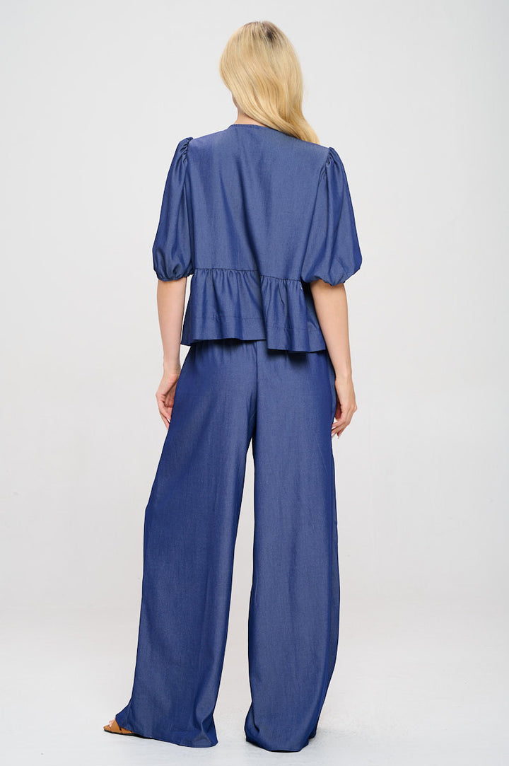 Denim Tencel Puff Sleeve Top with Front Bow Detail-4