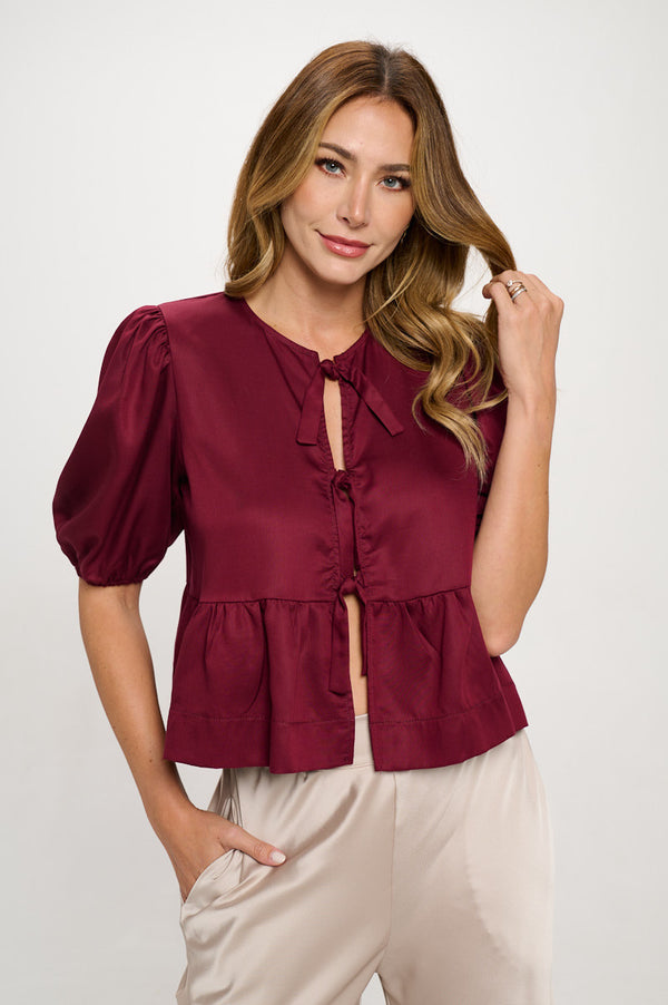 Tencel Puff Sleeve Top with Front Bow Detail-0