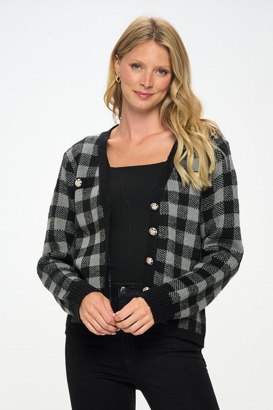 Checkered Knit Open Front Mini Cardigan with Buttons-0