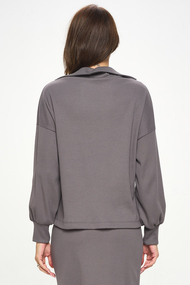 Rib Knit V neck Top with Collar-3