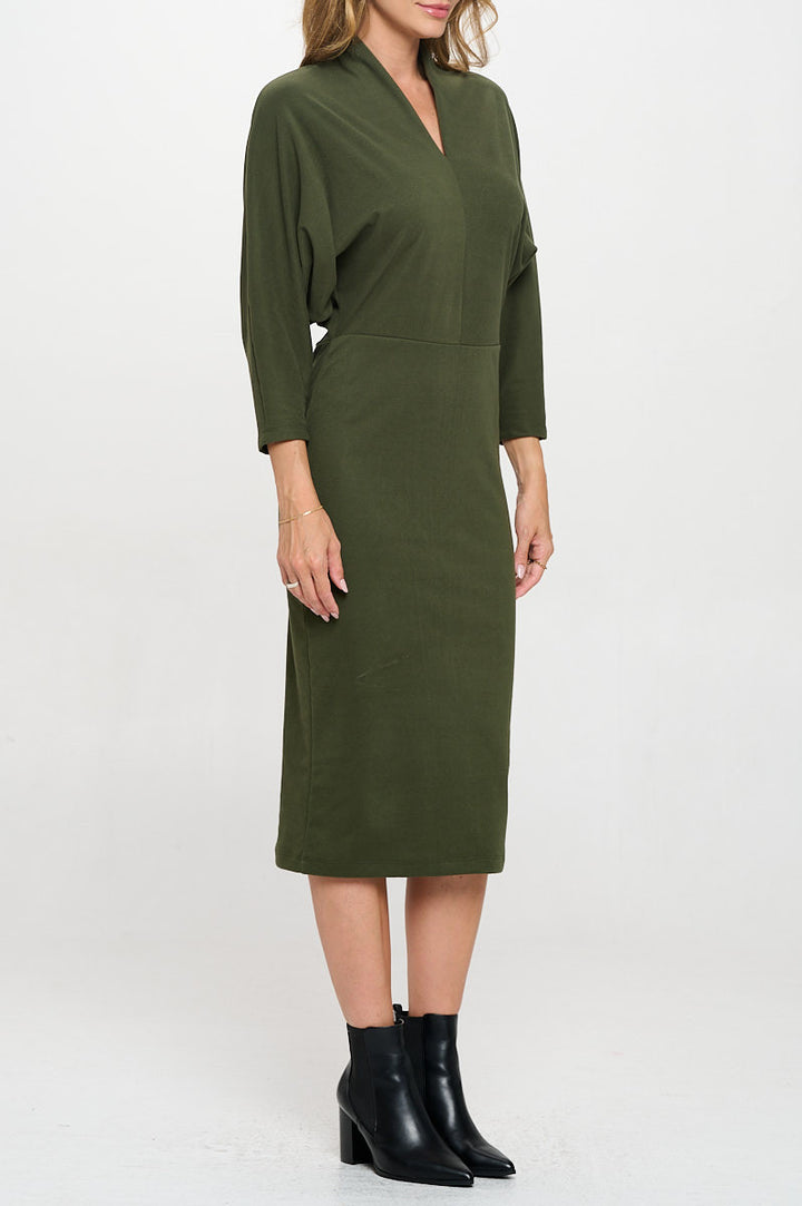 Suede Solid Dolman Sleeve Midi Bodycon Dress-3