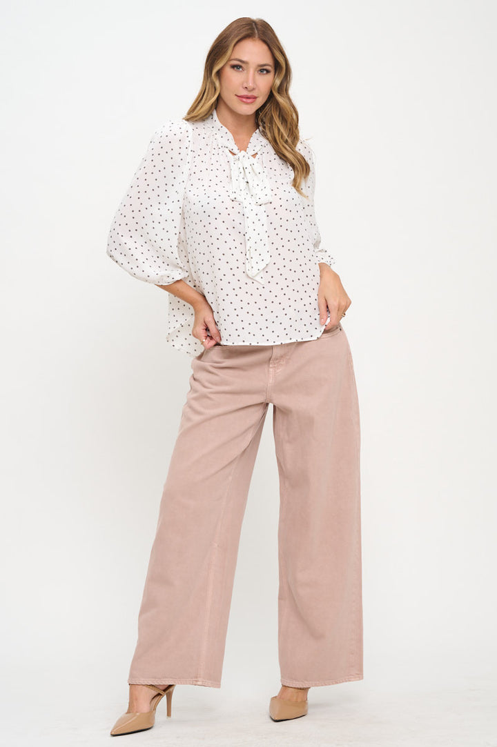Polka Dot Semi Sheer Top with Neck Tie-4