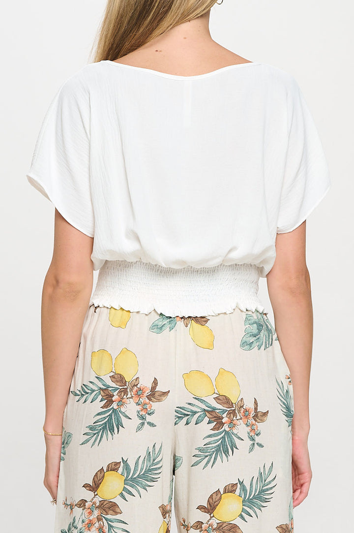 Solid Flowy Short Sleeve Top with Smock Bottom-3