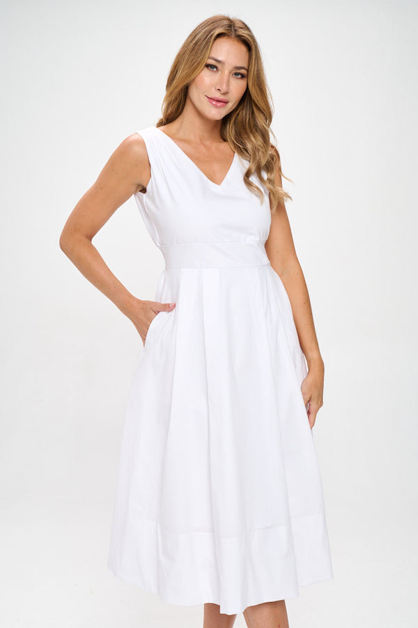 Cotton Poplin V neck Midi Dress with Pockets-0