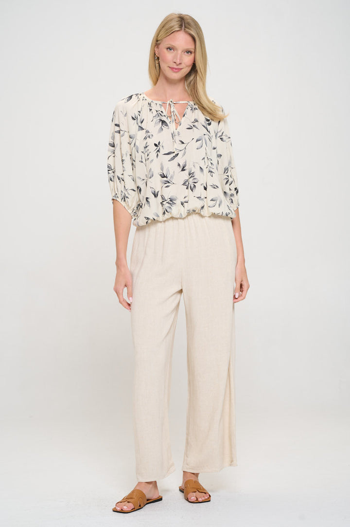 Floral Print V neck 3/4 Sleeve with Tie-4