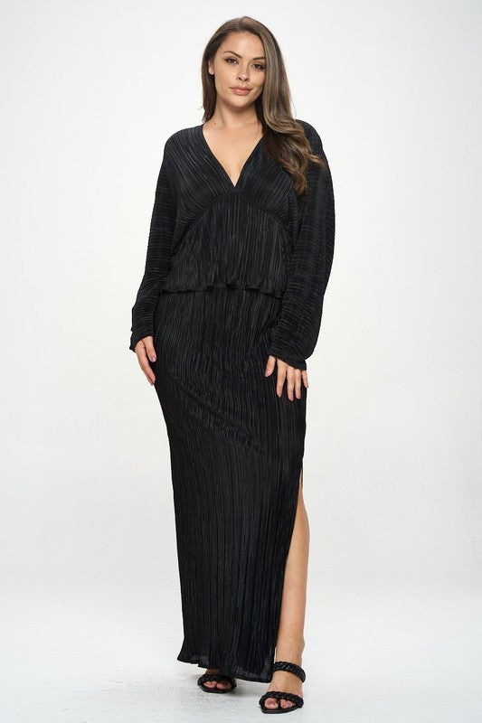 Plisse V neck Top with Balloon Dolman Sleeve-4