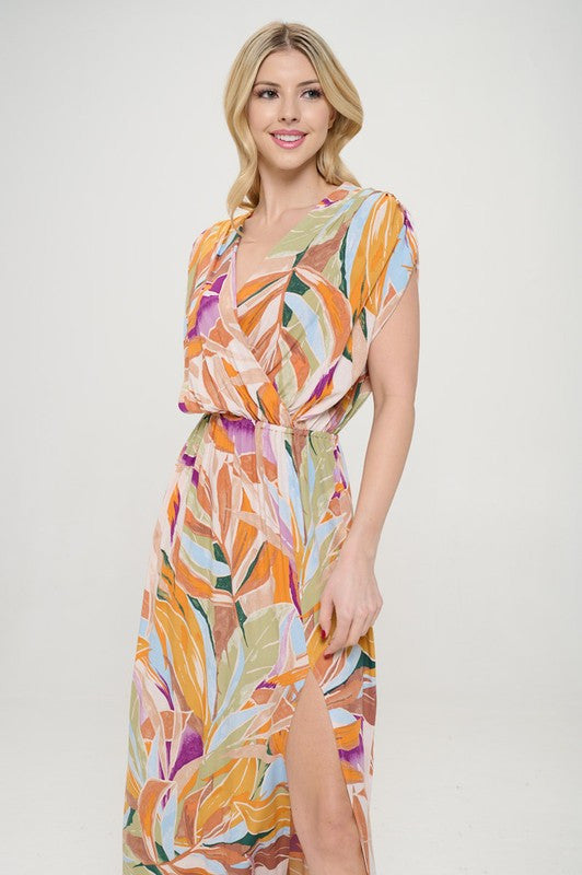 Tropical V neck Sleeveless Maxi Dress with Slit-0