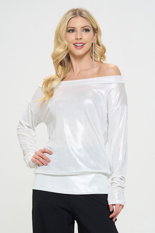 Metallic Off the Shoulder Long Sleeve Top-0