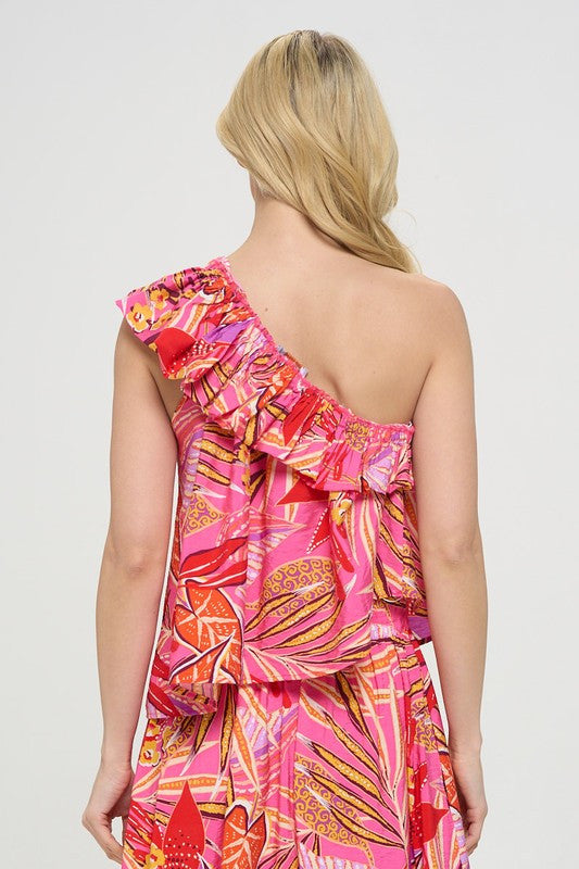 Tropical Leaf Print One Shoulder Top with Ruffle Neckline-3