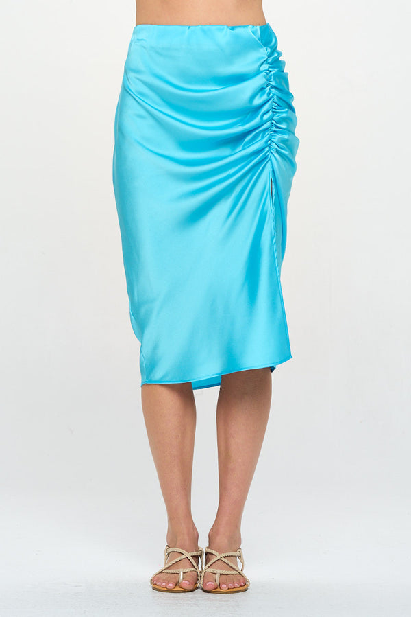 Midi Scrunch Slit Satin Skirt-0