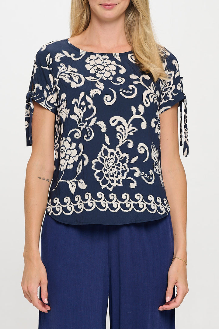 Floral Print Short Sleeve Top with Tie Sleeve-1