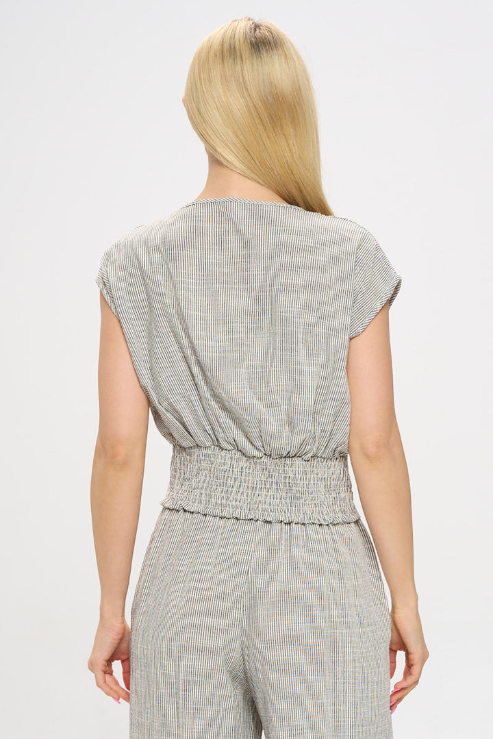 Striped Print V neck Crop Top w Smock Back Detail-3