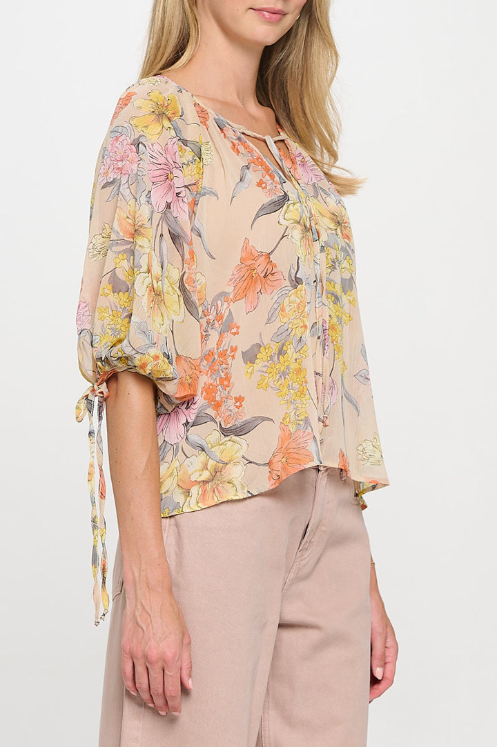 Floral Print Sheer V neck Top with Sleeve Tie-2