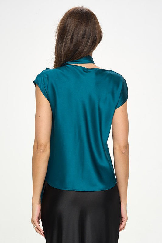 Satin Cowl Neck Short Sleeve Top with Scarf Detail-3