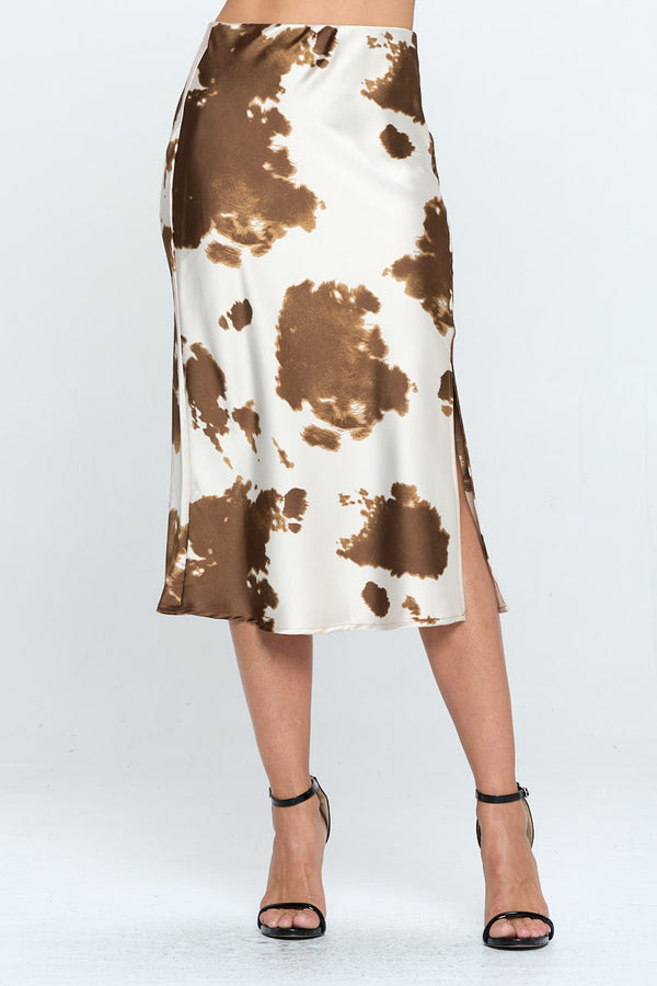 Satin Cow Print Midi Skirt with Slit-0