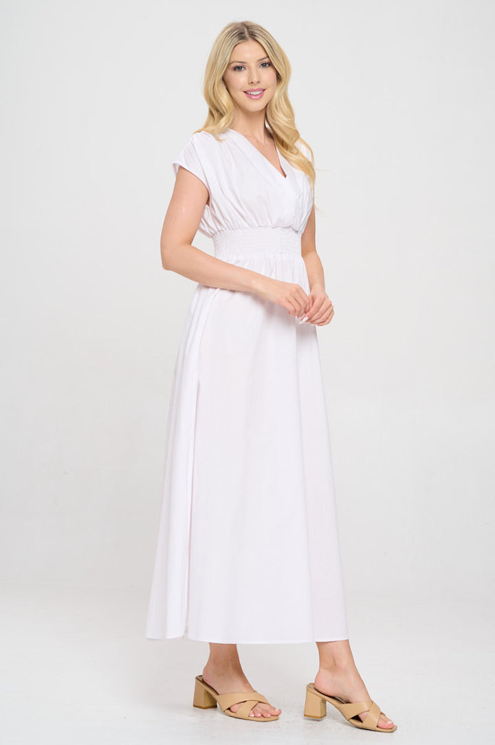 Cotton Solid V neck Maxi Dress with Smock Waist-3