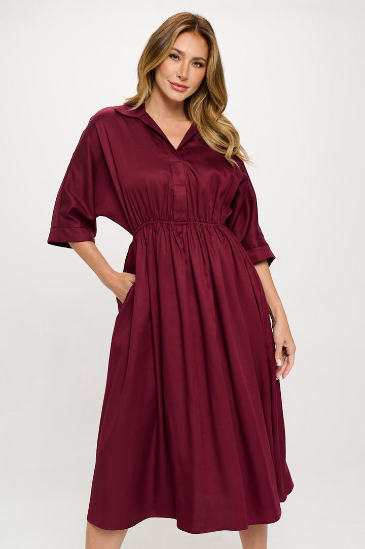 Tencel Collared V neck Midi Dress with Pockets-0
