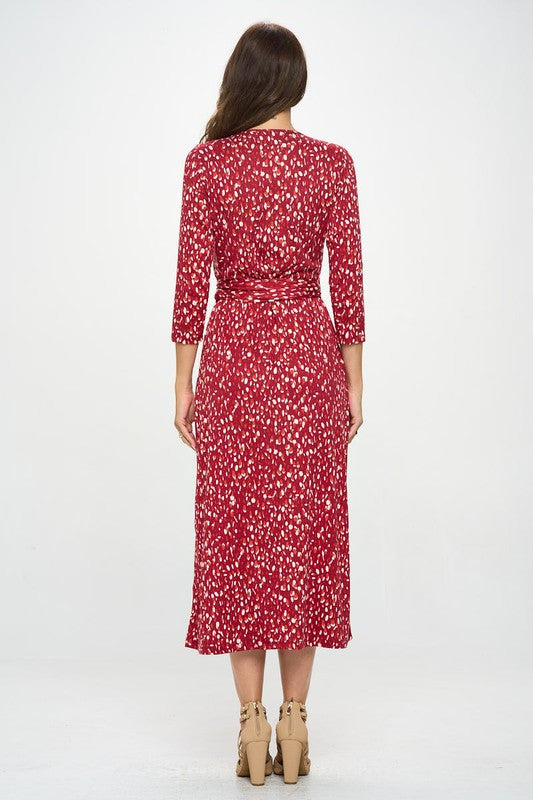 Brushed Knit Print V neck Jersey Wrap Maxi Dress with Tie-4