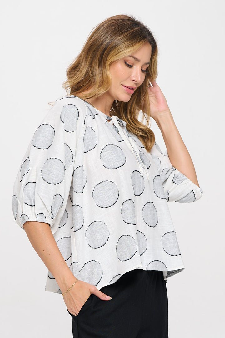 Polka Dot 3/4 Sleeve Top with Tie Sleeve-2
