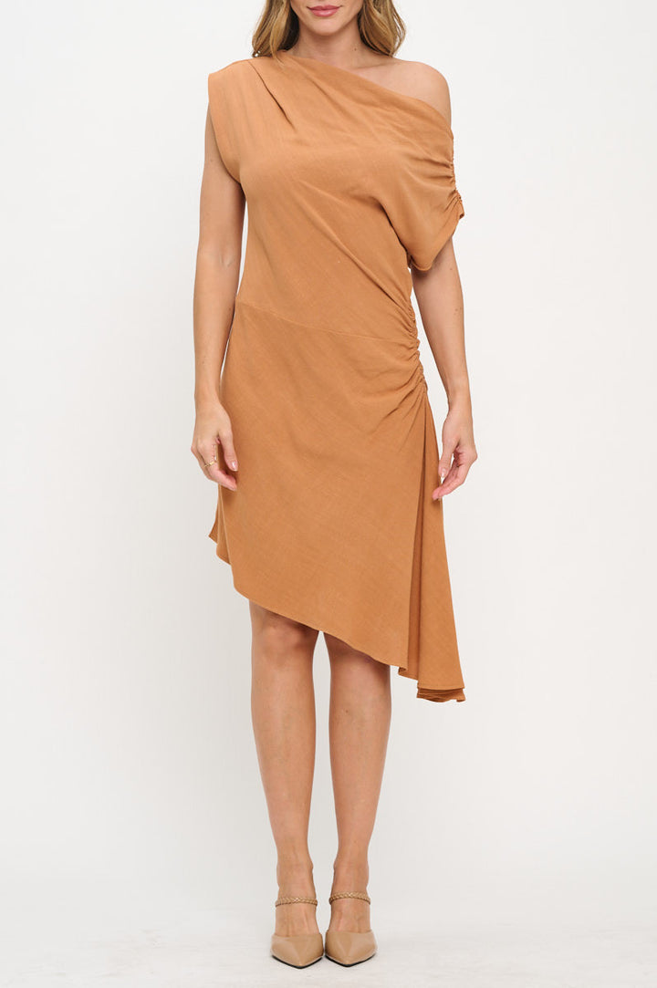 Linen Asymmetrical Off the Shoulder Ruched Dress-2