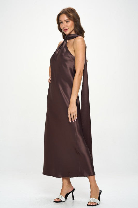 One Shoulder Satin Maxi Dress with Scarf Detail-4