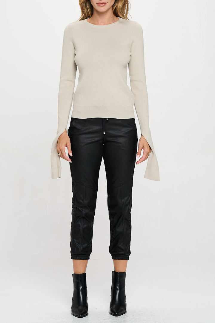 Rib Knit Round neck Sweater with Open Long Sleeve-1