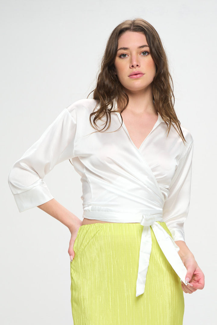 Silky Satin Collared V neck Wrap Top with Tie-3