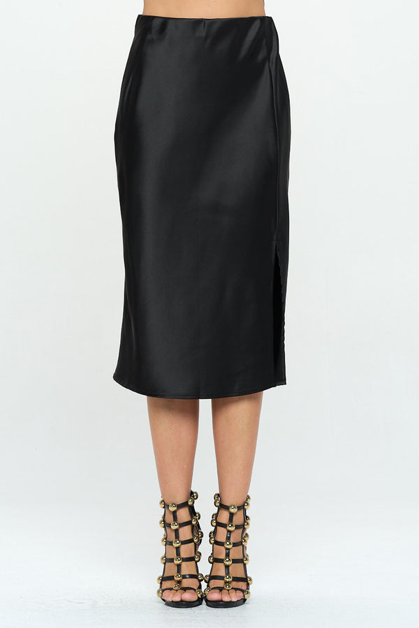 Solid Satin Midi Skirt with Slit-0