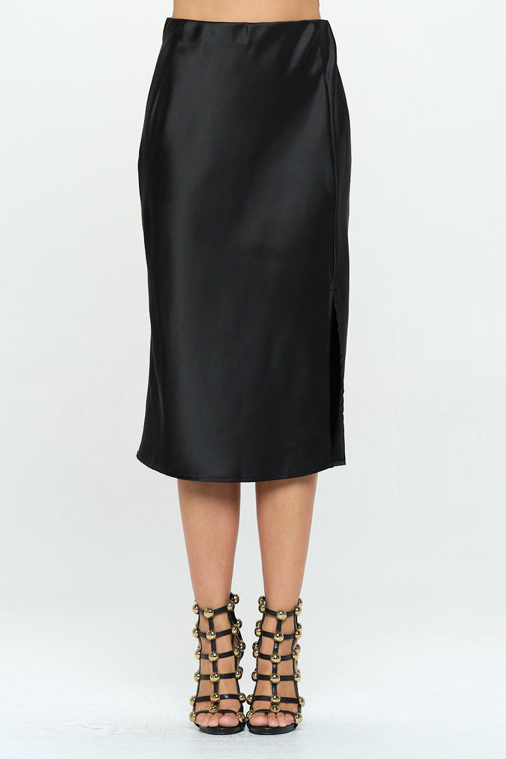 Solid Satin Midi Skirt with Slit-0