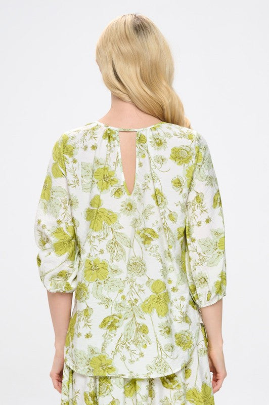 Floral Print V neck 3/4 Sleeve Top-3