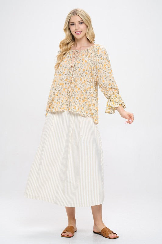 Lemon Print Cuffed Sleeve Top with Open Front Tie-4