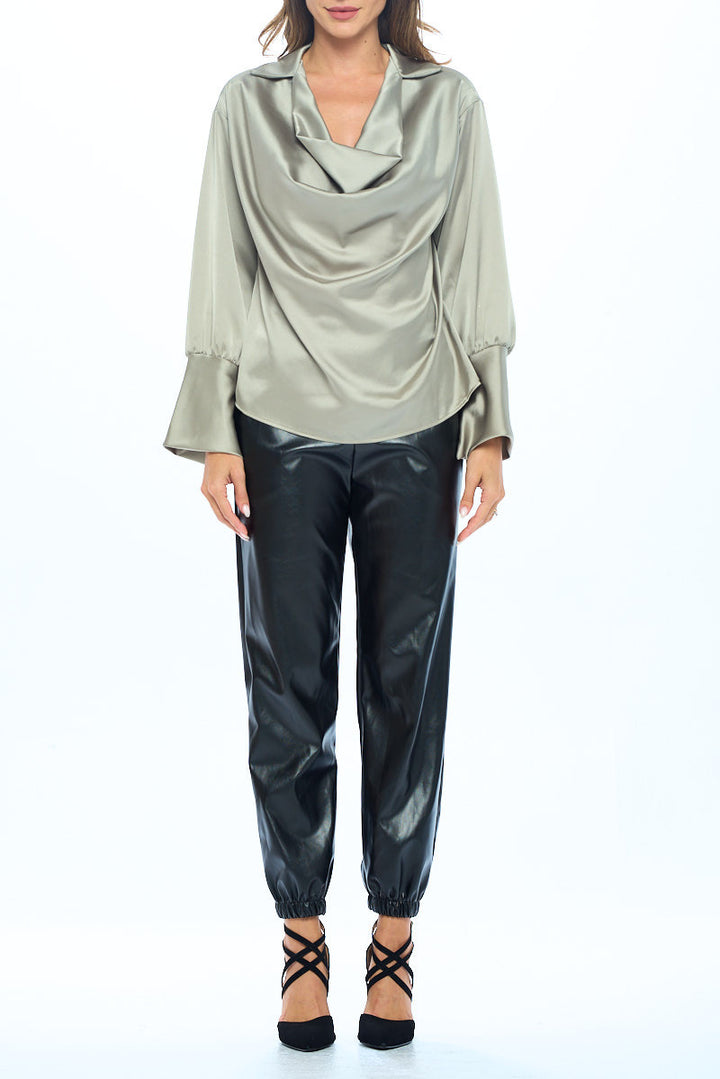 Satin Collared Cowl neck Top with Split Cuff-3