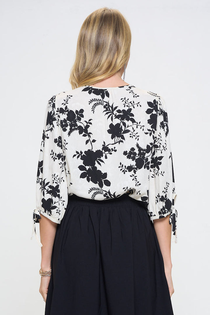 Flower Print V neck Top with Self Tie Sleeves-3