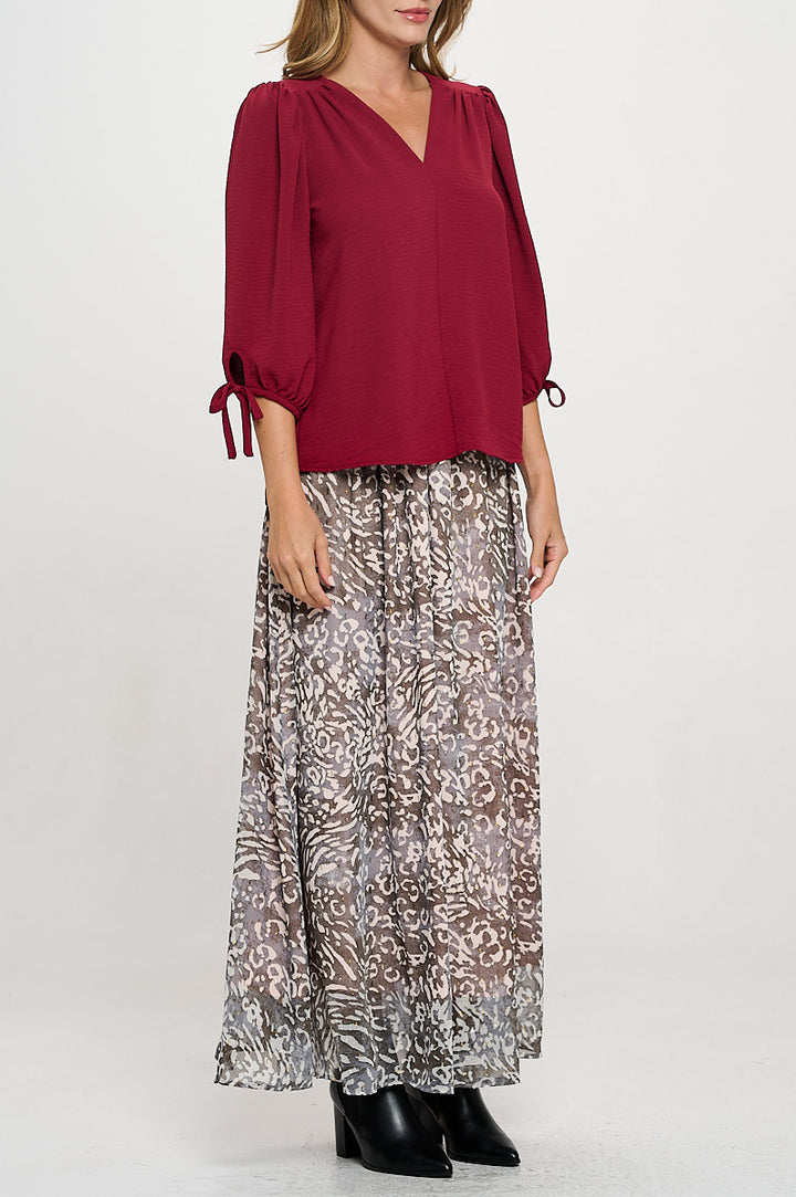 Solid V neck 3/4 Sleeve Top with Sleeve Tie-2