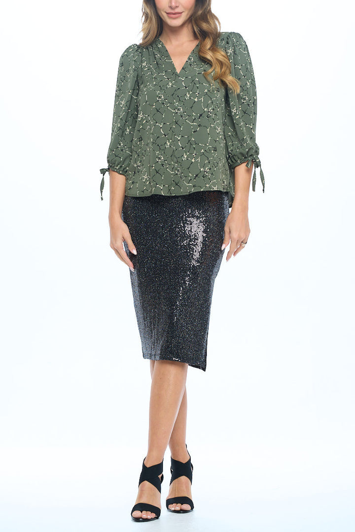 Abstract Print V neck Top with Self Tie Sleeves-2