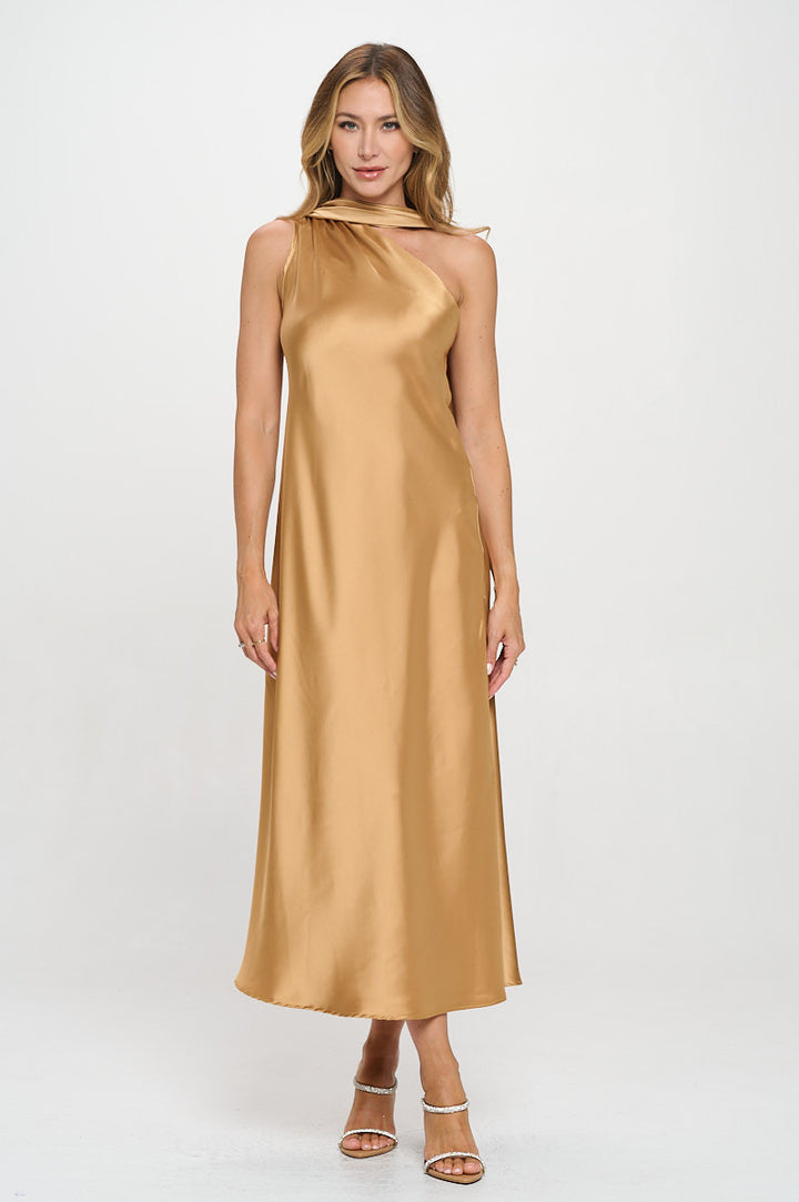 One Shoulder Satin Maxi Dress with Scarf Detail-2