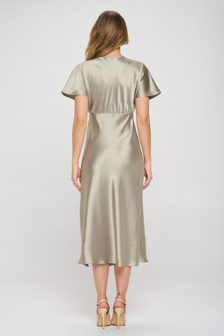 Solid Satin V neck Midi Dress with Slit-4