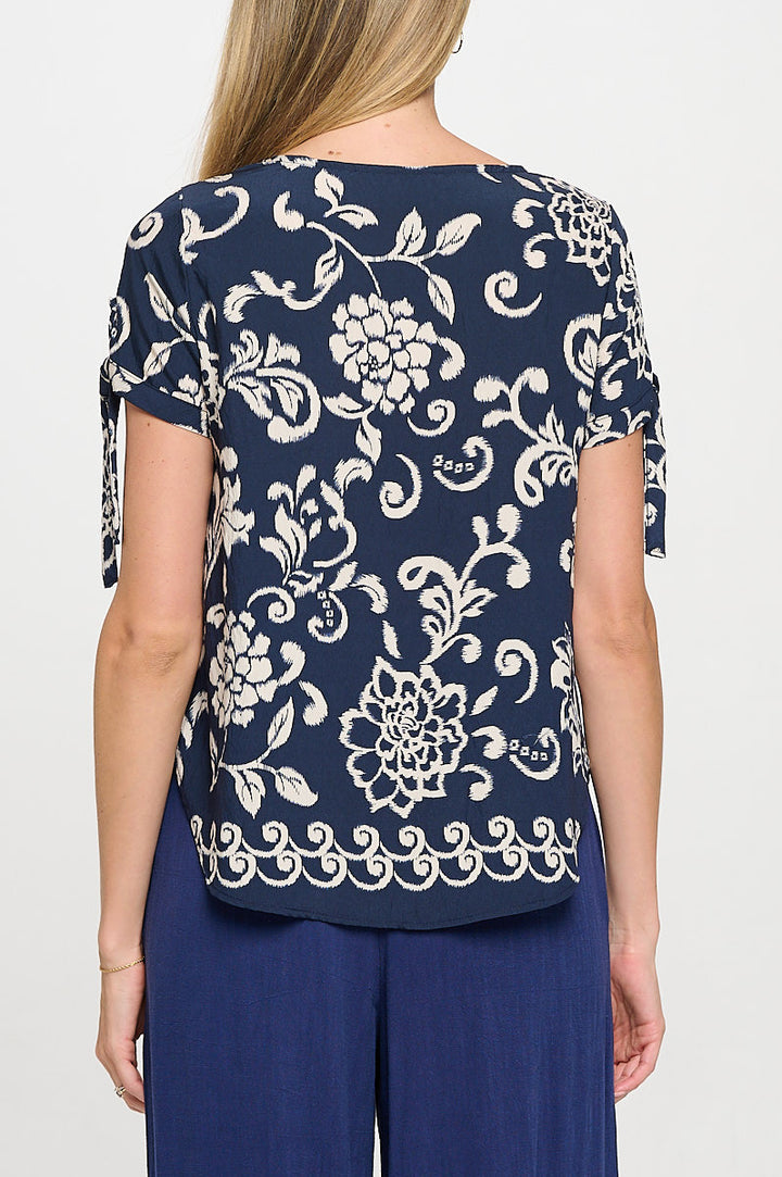 Floral Print Short Sleeve Top with Tie Sleeve-3