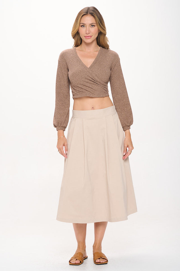 Solid V neck Surplice Crop Top with Long Sleeve-4