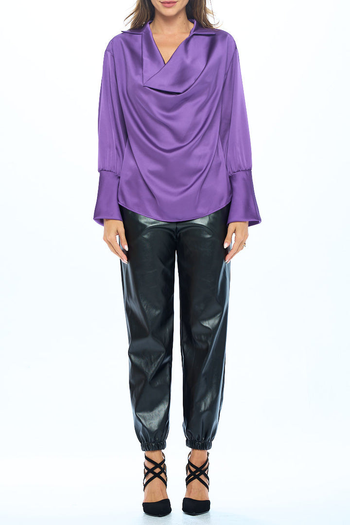 Satin Collared Cowl neck Top with Split Cuff-4