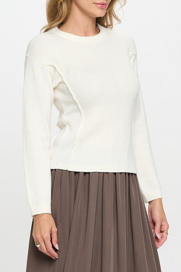 Rib Knit Solid Long Sleeve Pullover Sweater-2