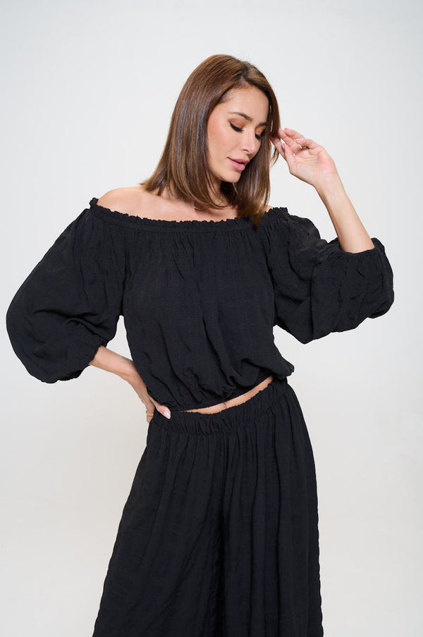 Textured Off the Shoulder Top with Balloon Sleeve-0