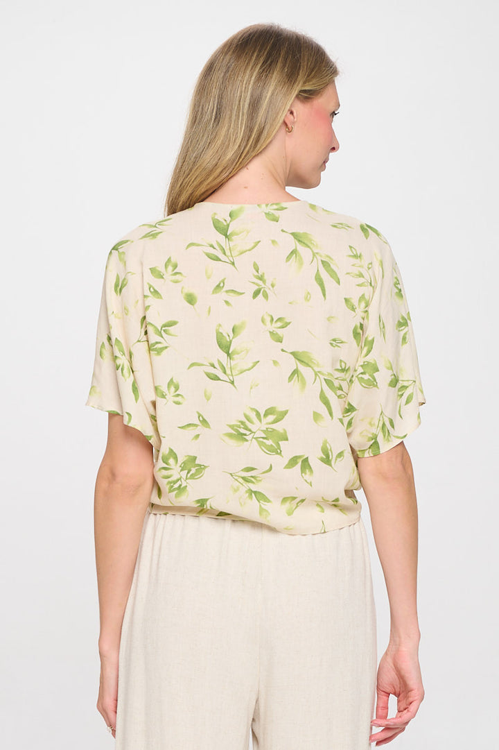 Linen Floral Print V neck Top with Front Tie-4