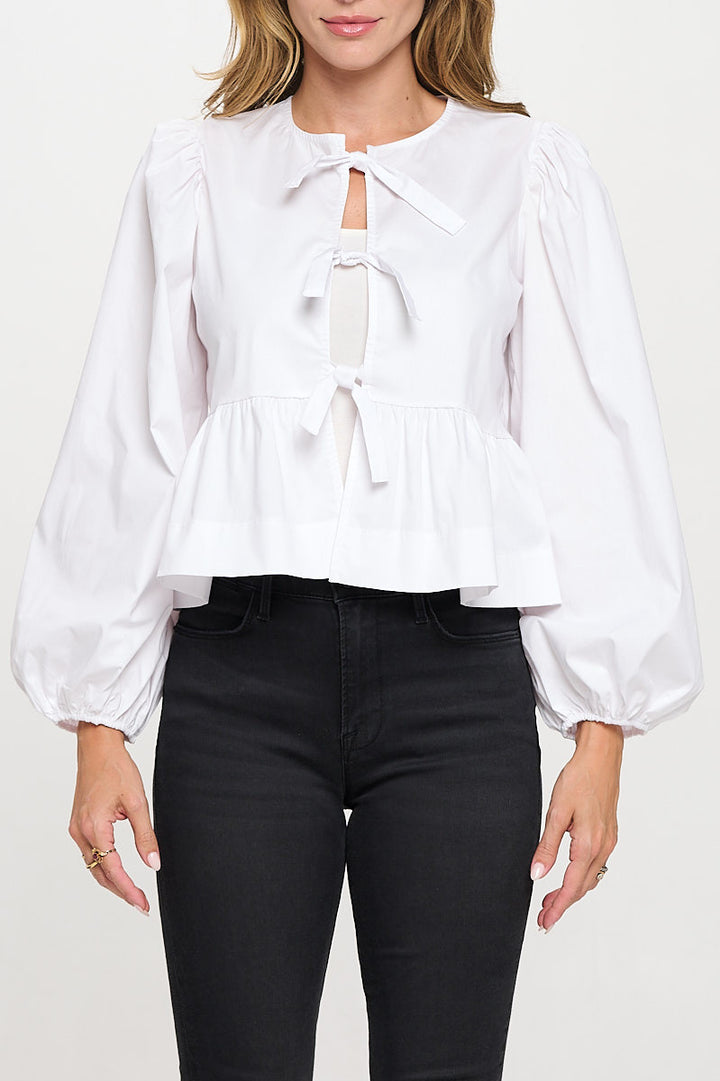 Cotton Solid Long Puff Sleeve Top with Open Front Tie Detail-2
